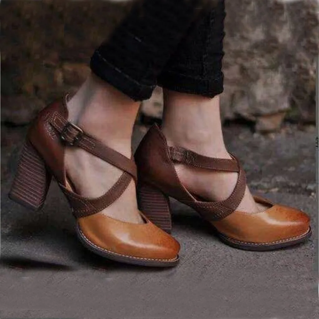 

Women Vintage Bottomed sandal ladies Slingback Strap Closed Toe Ankle square heels sandals Thick Heel Shoes calzado mujer