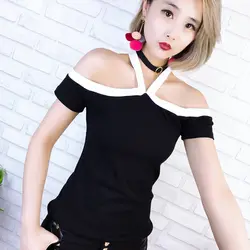 GGRIGHT футболка Для женщин с открытыми плечами летние топы хлопок белый черный в полоску в Корейском стиле футболка с короткими руками Femme 2019