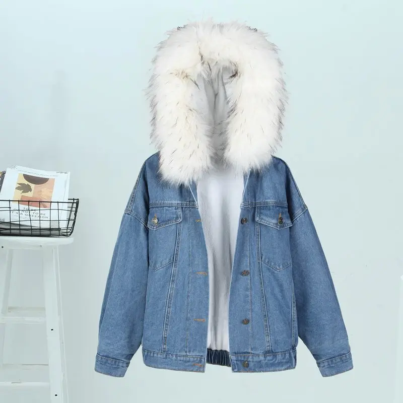 Women Denim Jacket 2019 Winter Thick Tops Faux Fur Collar Fleece Hooded Female Outwear Outfits Denim Coat Jeans Jackets