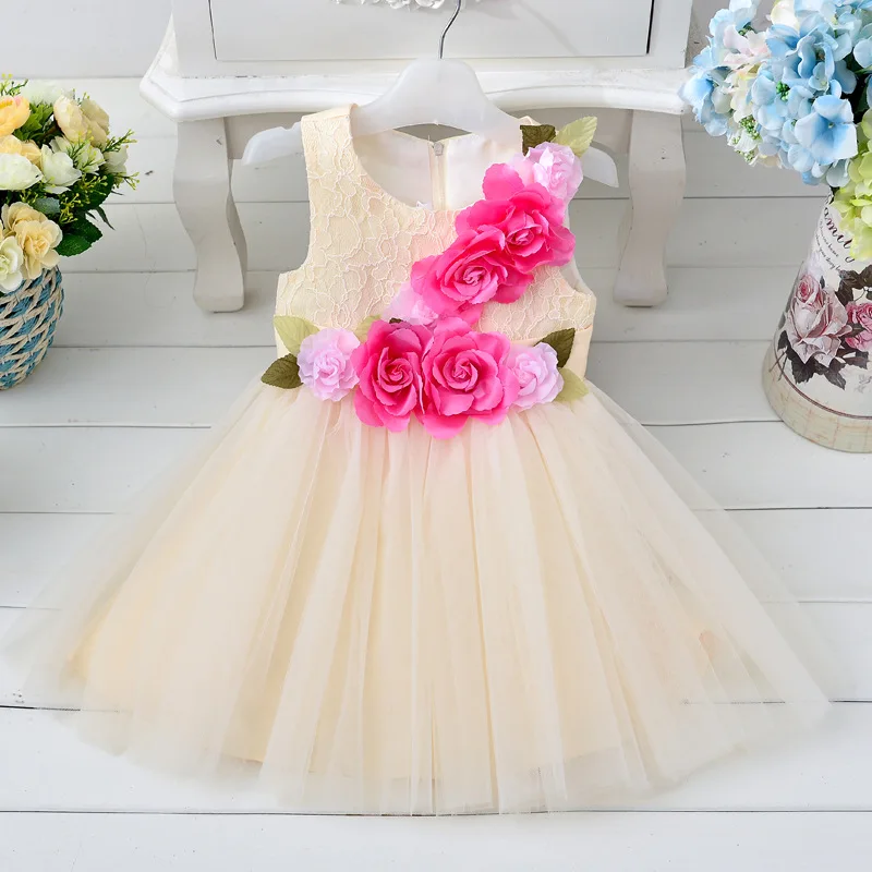 

new summer style girls dresses summer 2017 big flower lace lovely girl wedding dress Bow princess dress Performances clothing