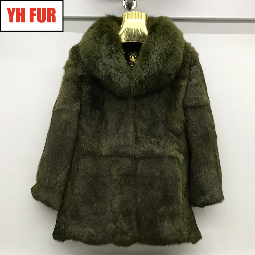 

New Women Real Rabbit Fur Coat Winter Warm Rabbit Fur Jacket Full Pelt With Fox Fur Collar Long Sleeves Real Rabbit Fur Overcoat