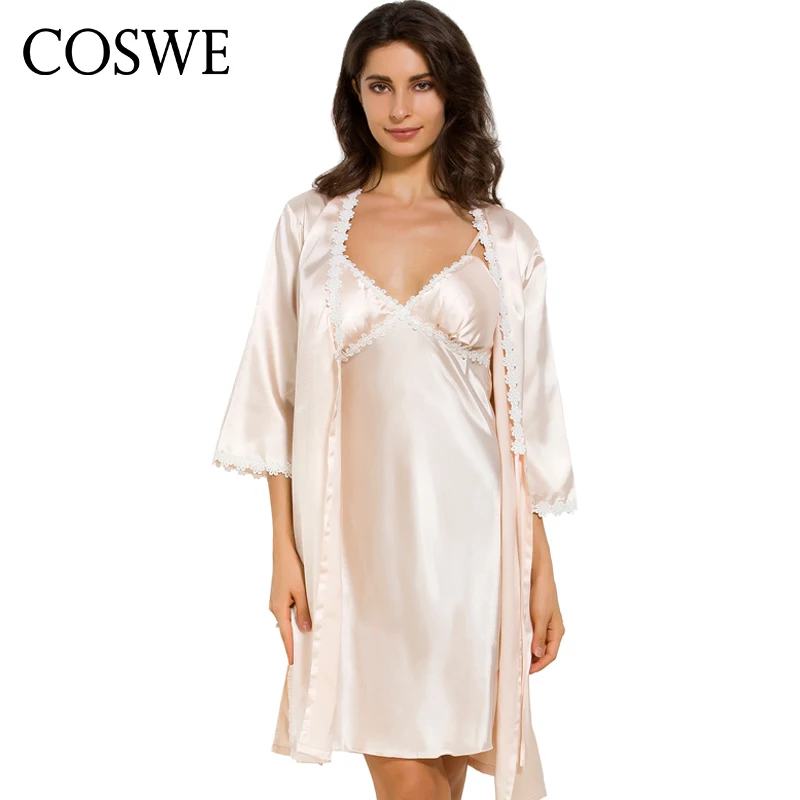 COSWE Satin Silk Womens Bathrobe Set Sexy Nightgown Dress