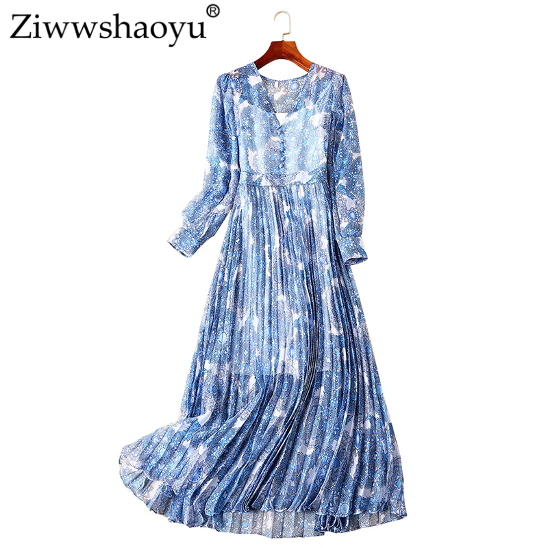 

Ziwwshaoyu Vacation V-Neck Long dress Vintage Print Draped Temperament Long Party Dresses 2019 spring and summer new women