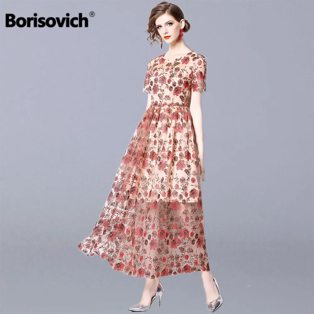

Borisovich Ladies Elegant Party Dress New 2019 Fashion Luxury Floral Embroidery Big Swing A-line Women Summer Long Dresses N1058