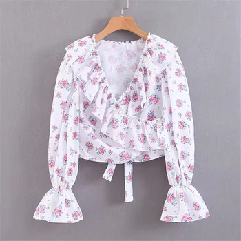 

BLSQR Floral Print loose Summer Elegant Chiffon Blouse V neck Ruffles design flare Sleeve Shirt Chic Top Blusas Mujer Camisas