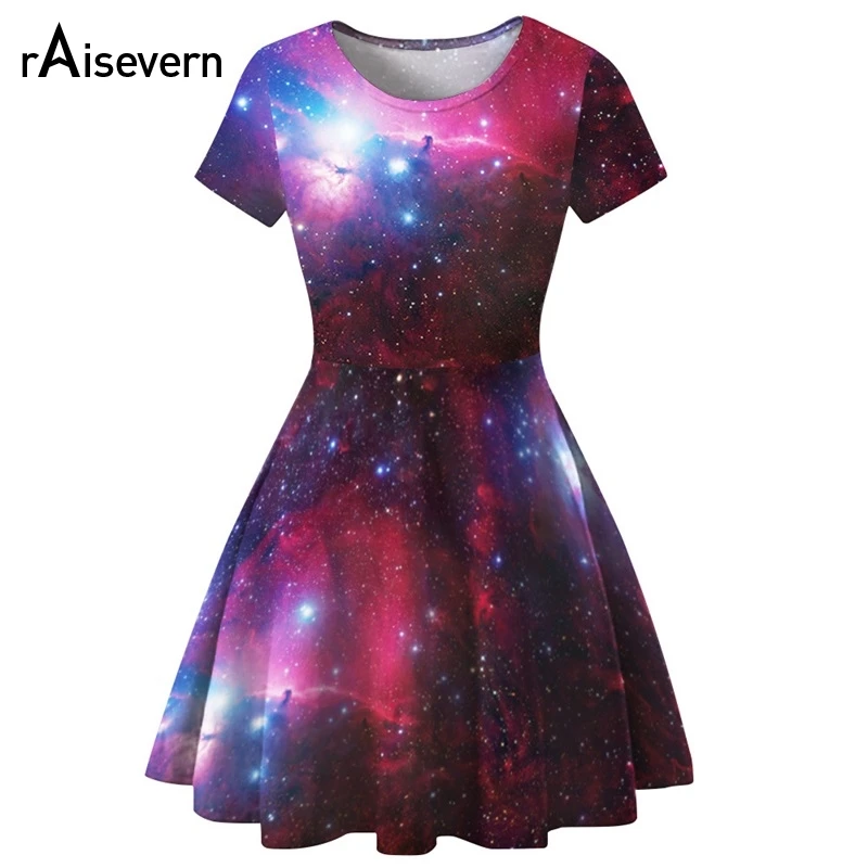

Raisevern Red Galaxy Space Print 3D Dress Women Casual Short Sleeve Mini Dress Robe Sexy Beach Style Summer Dress Dropship