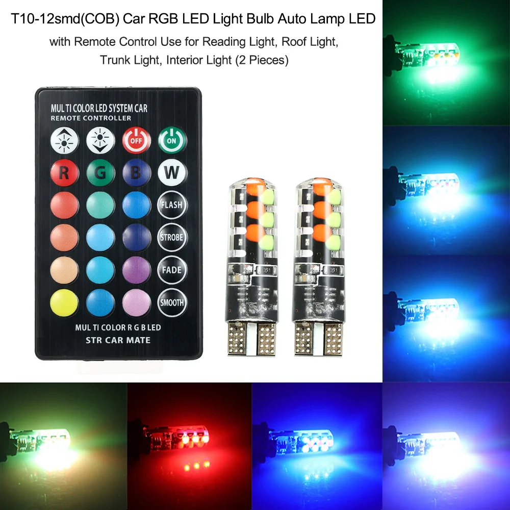 

T10-12smd(COB) Car RGB LED Light Bulb Auto Lamp LED with Remote Control Use for Reading Roof Light Trunk Interior Light (2 PCS)