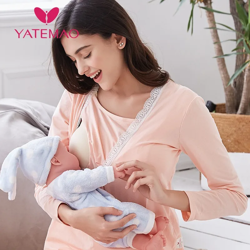 Пижама из хлопка с длинным рукавом YATEMAO зимняя для кормящих мам|nursing pajamas|winter nursing