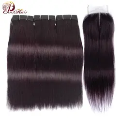 Pinshair #135 виноградные фиолетовые цветные прямые пучки волос с закрытием перуанские человеческие волосы 3 пучка с закрытием не реми волосы