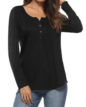 

2019 Autumn Women Button Blouse Shirts Casual Loose Solid Long Sleeve Round Neck Irregular Hem Pullover Tops Blusas Female