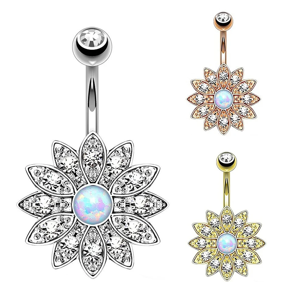

3Color Natural Opal Navel Piercing Ombligo Body Jewelry Crystal Flower Belly Button Rings Barbell Piercing Belly Ring Pircing