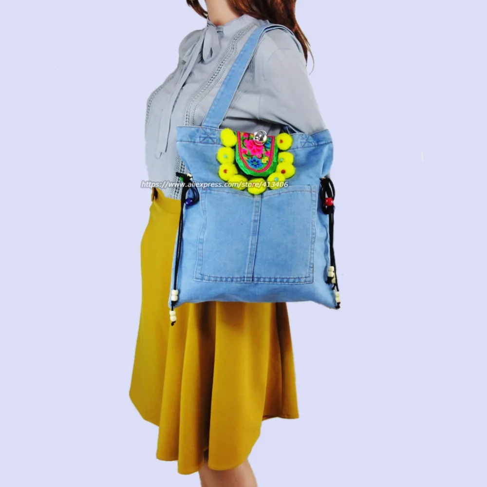 Spalla Boemia Borsa Sacchetti Hmong Viaggio Borse Pom Hobo Di Charm Colorful Ricamo Denim 1007 Del Della Vintage Acquisto Grandi Da BSn1OqF