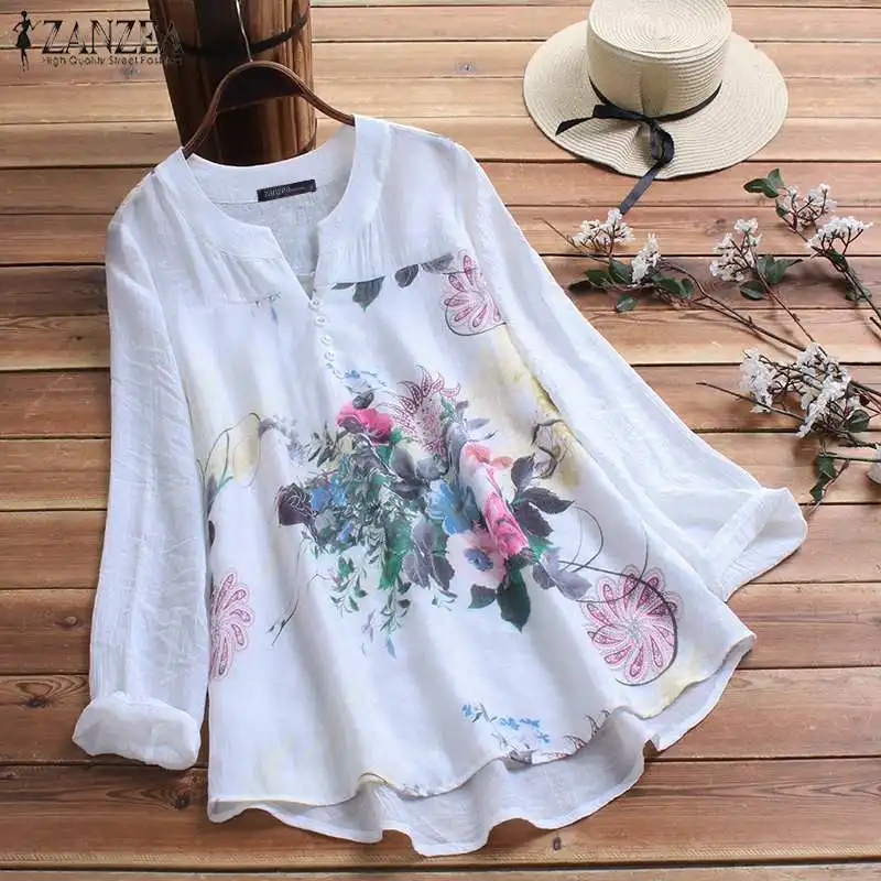 ZANZEA Elegant Printed Shirt Women's Autumn Blouse Vintage Floral Casual Blusas Female Long Sleeve Shirts Plus Size Blusas