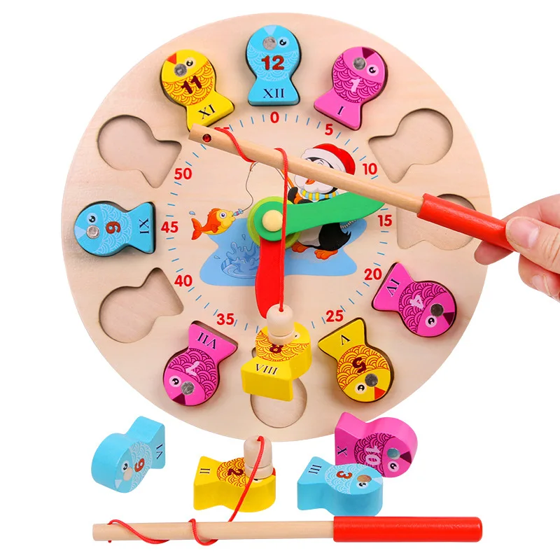 Деревянный Пингвин модель часов рыболовные игрушки учатся указывать Время Деревянные цифровые часы образование по методу Монтессори игрушки 126