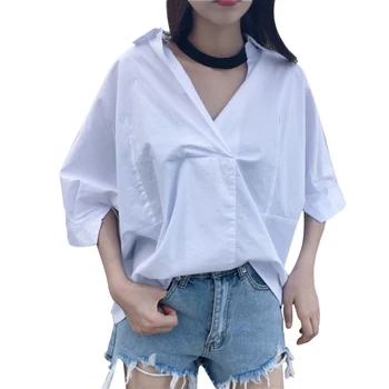 

Fashion Women Shirt V Neck White Blouse Sexy Loose Shirt Tops