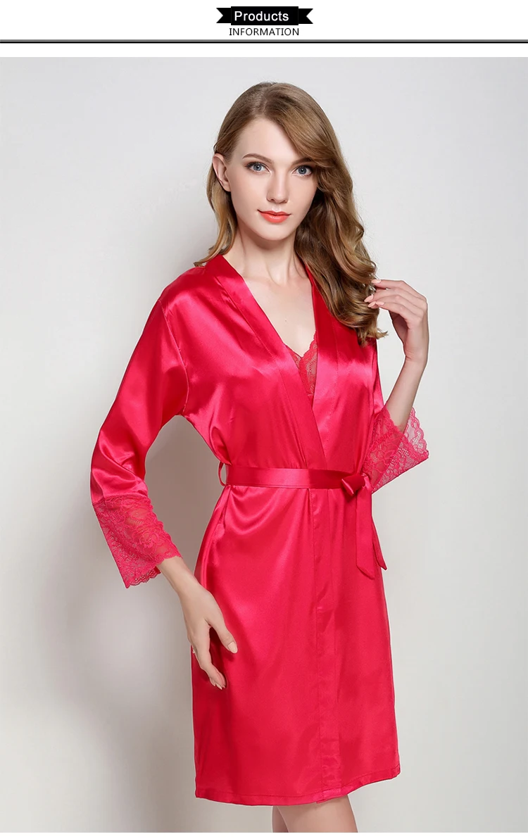 Для женщин пикантные Silk Satin Robe Кружево кимоно халат с рукавом три четверти ночной халат Твердые Халат модный Халат