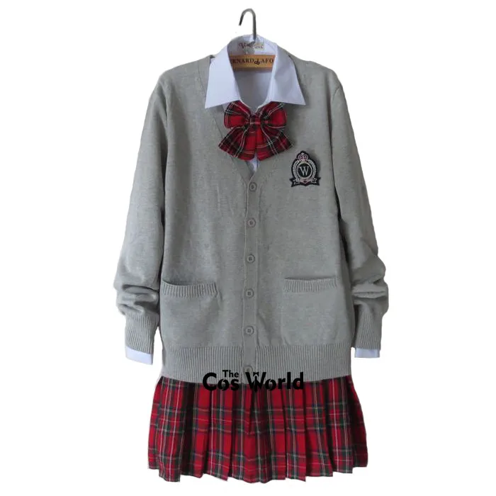 preppy-style-student-class-japan-jk-high-school-uniform-winter-gray-v-neck-cardigan-red-plaid-pleated-skirt-shirt-suits