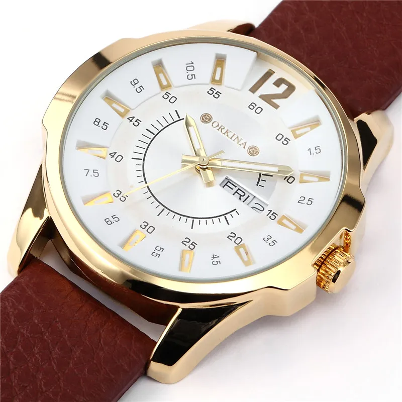 

Clock Men MG. ORKINA Leather Band Golden Case Japan Movement MIYOTA 2105 Date and Day Display Male Quartz Watch erkek saatleri