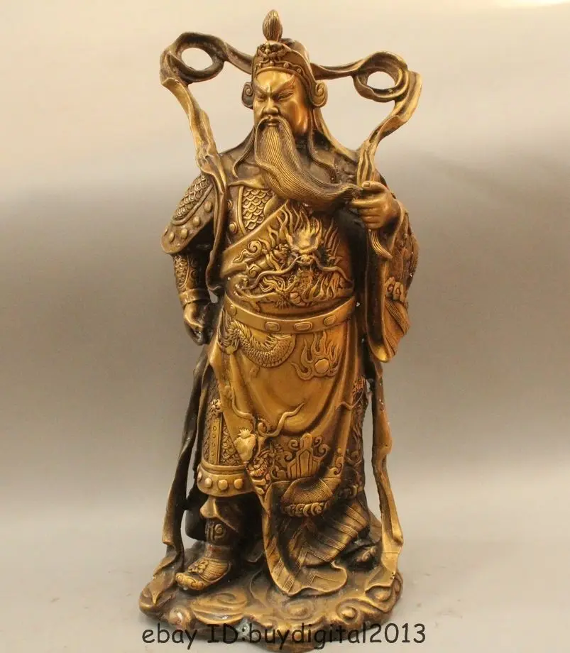 

16" Chinese Brass Fengshui Stand Guan Gong Yu Warrior God Dragon Sword Statue DSD66