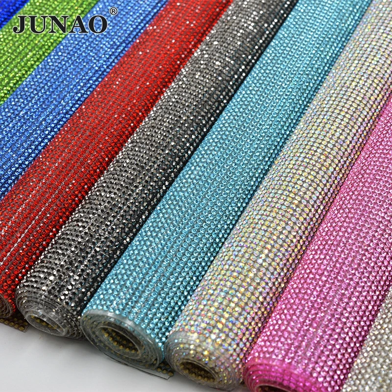 Koop Junao 24*40 Cm Glitter Kleurrijke Glas Rhinestone Mesh Trim Hotfix Crystal Stof Lakens Strass Lint Applique Voor Jurk ambachten