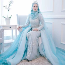 Modest Pearls Evening Dresses Hijab 2017 Long Sleeves Mermaid Skly Blue Prom Gowns Full Sleeves Vestido Longo Muslim Arabic Gown