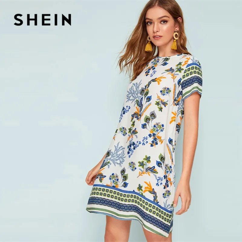 SHEIN летнее женское платье-туника с разноцветным принтом и замочной скважиной на спине,, короткий рукав, круглый вырез, бохо платье, прямое свободное мини-платье