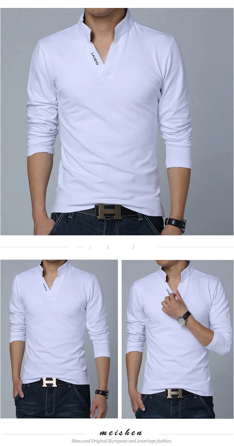 Модная Мужская хлопковая футболка, Мужская Однотонная футболка с воротником-стойкой и длинным рукавом, Мужская брендовая облегающая футболка 5XL