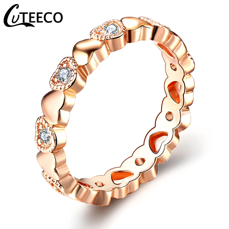 CUTEECO модное розовое Золотое свадебное кольцо в форме сердца для женщин, циркониевые обручальные кольца, Гламурные ювелирные изделия Anillos Mujer