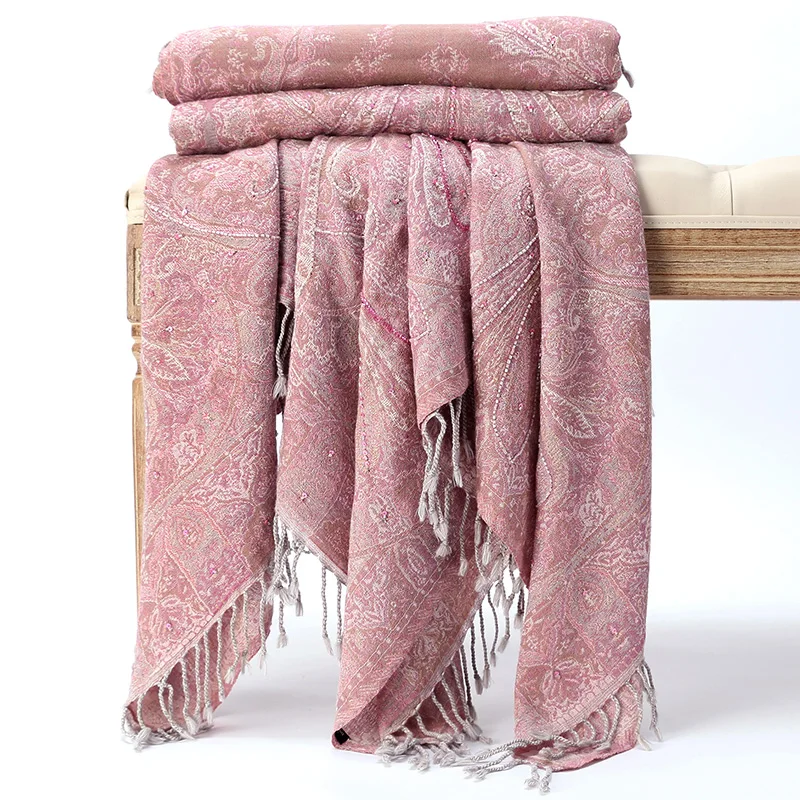 

high quality National style Indian handmade pink embroidery beaded wool Thicken scarf Shawl size:140*140cm weight 430g