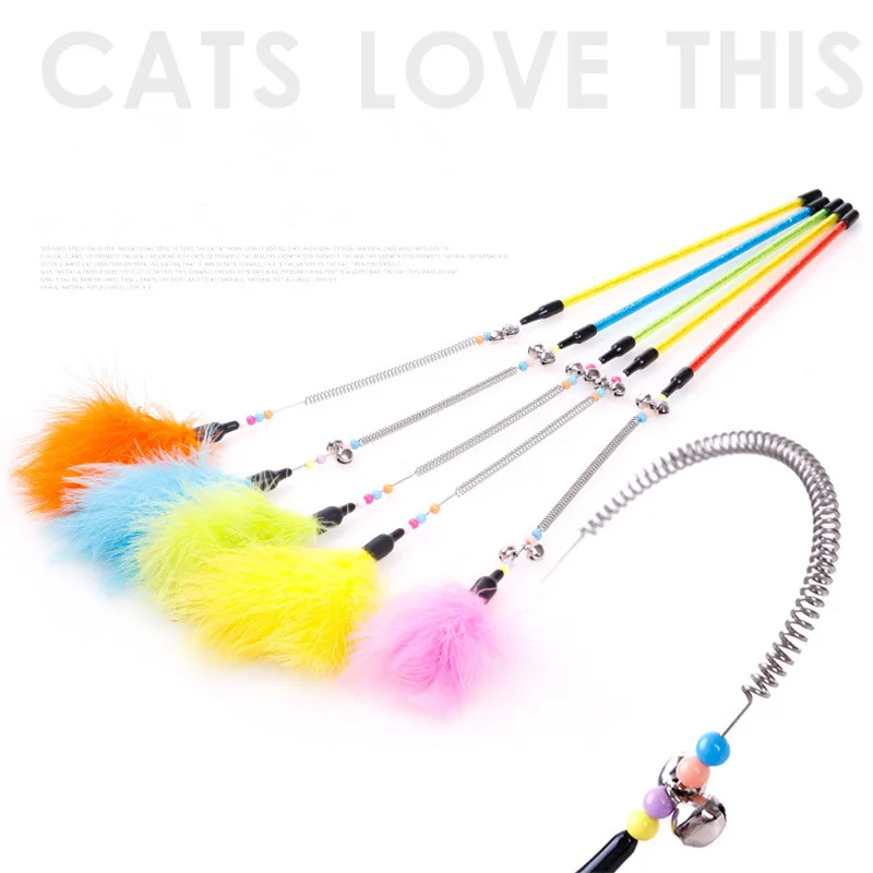 Pet Cat Bird Feather Teaser Wand Plastic Toys Cat Stick Colorful Feathers Funny Cat Rods Pet Interactive Toys Flying Training