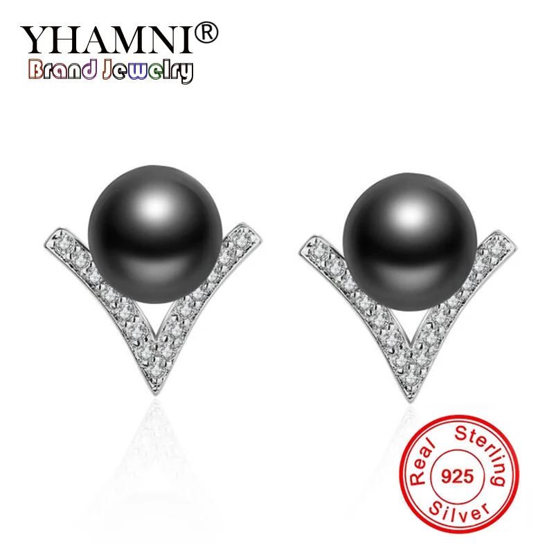 YHAMNI уникальный v-образной формы треугольные однотонные серьги-гвоздики 925 пробы серебро имитации жемчуга, серьги-кольца, модные ювелирные украшения подарок YED325