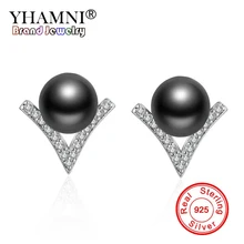 YHAMNI уникальный v-образной формы треугольные однотонные серьги-гвоздики 925 пробы серебро имитации жемчуга, серьги-кольца, модные ювелирные украшения подарок YED325