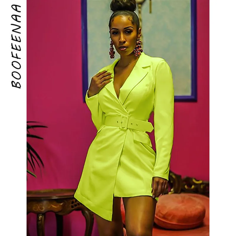 

BOOFEENAA Sexy Irregular Long Sleeve Blazer Dress with Belt Women Fall 2019 Neon Yellow Orange Party Night Club Dresses C83-AF54