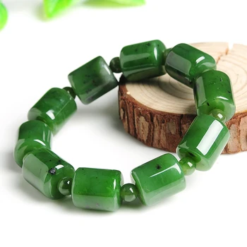 

Original hand string natural spinach green yu Tube bead bracelet with black spots and Hetian yu men and women beads bead B