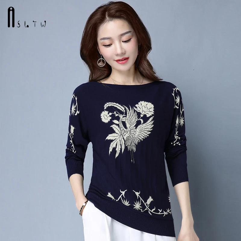 

ASLTW Women's Sweater New Autumn Long Sleeve Geometric Pullover Women Loose O Neck Knitwear Tops
