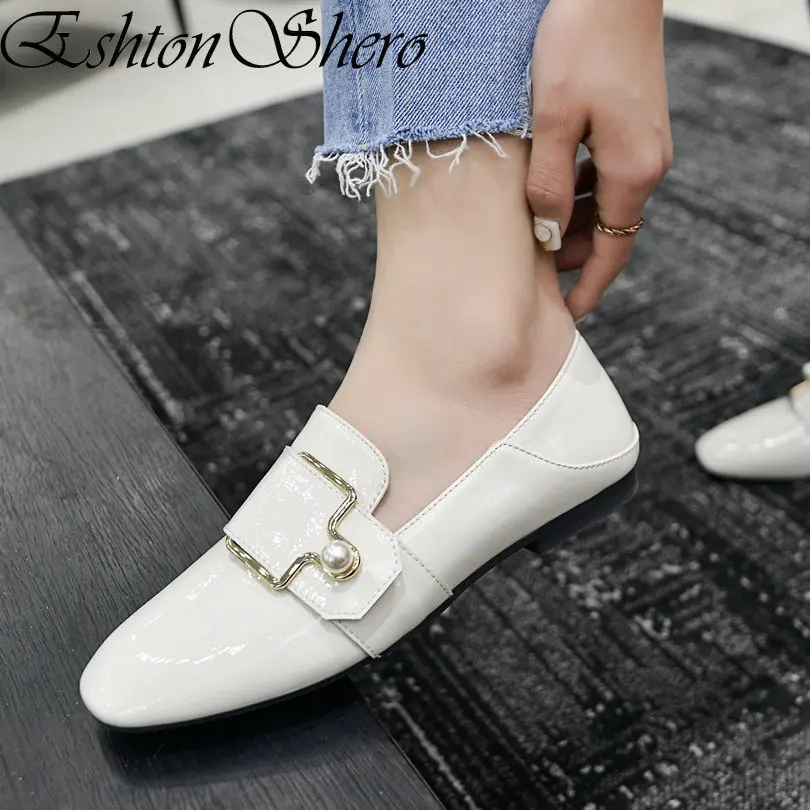 

EshtonShero Women's Shoes Flats Patent Leather+PU Flat Heels Summer Slip On Pointed Toe Black Ladies Loafers Shoes Size 34-40