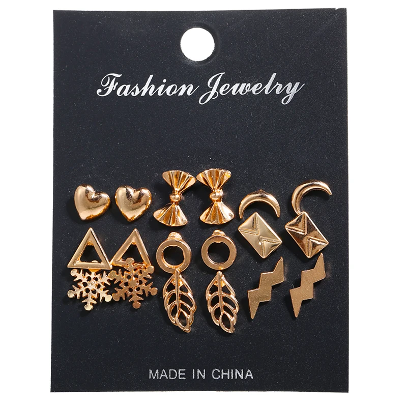 

2019 Fashion 9 pair/set Women Square Crystal Heart Stud Earrings For Women Gold Color Simulated Pearl Flower Earrings VE750