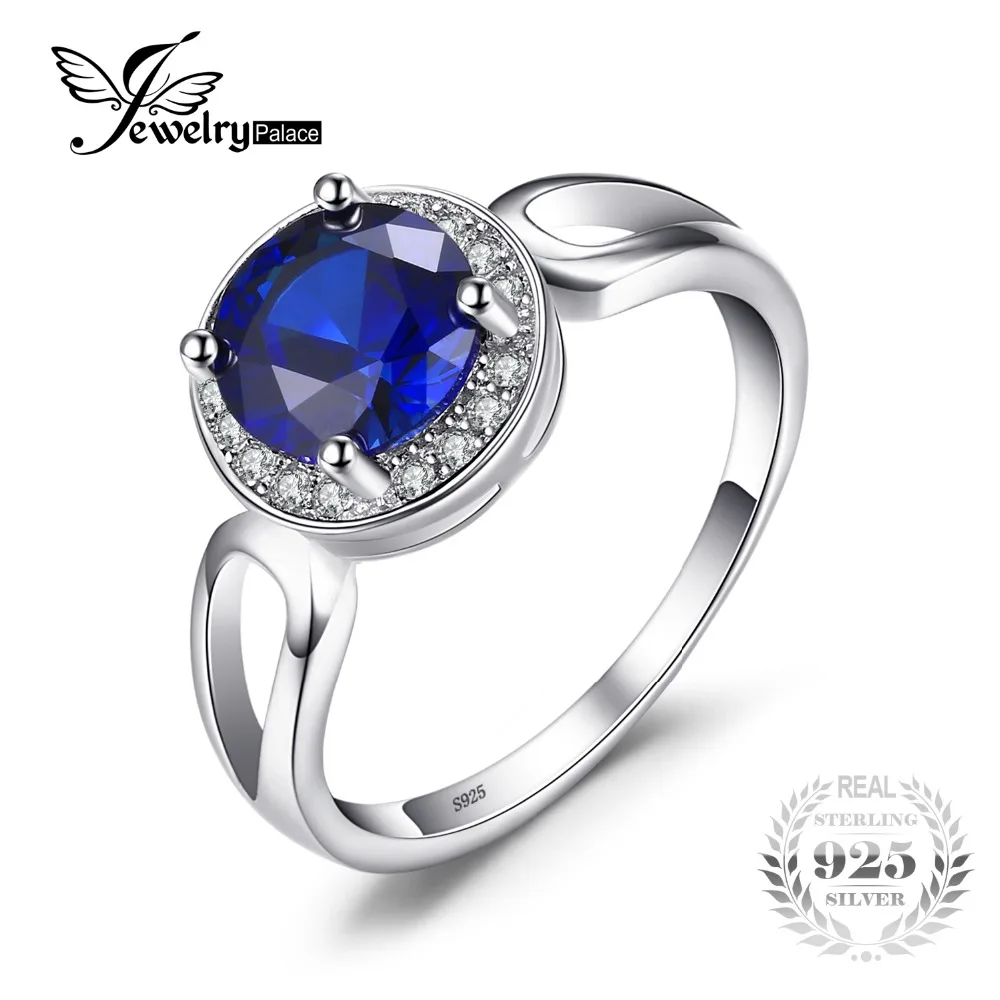 JewelryPalace Round Cut 2 2ct Created Blue Sapphire Engagement Halo Ring Solid 925 Sterling Silver Jewelry