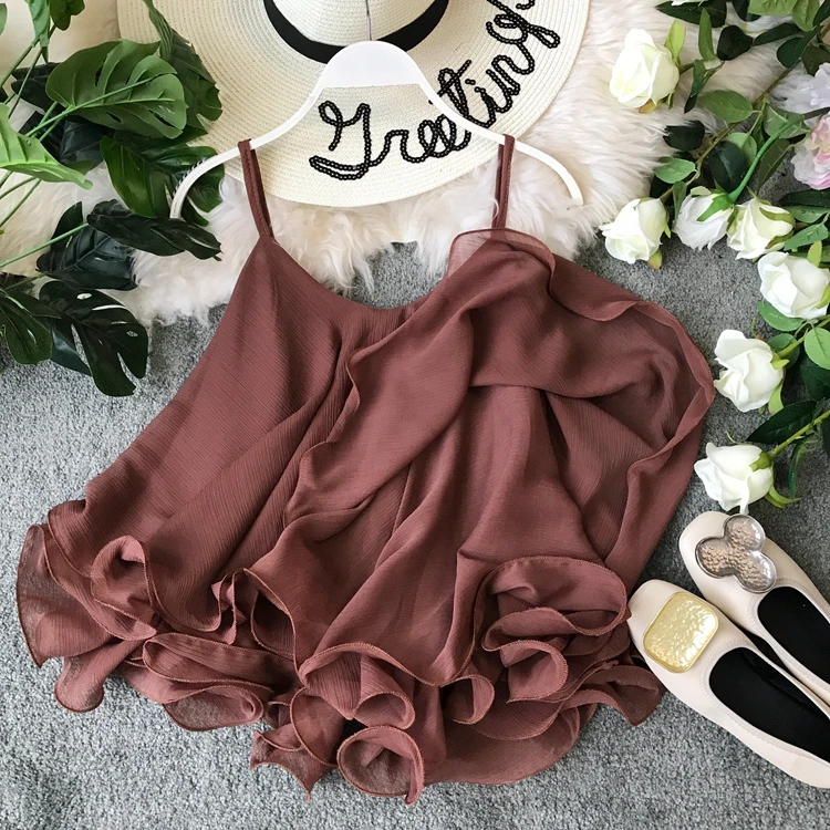 New Chiffon Sling Ruffled Loose Strap Solid Color V-neck Sexy Slim Pleated Sling Women's Clothes sexy halter top