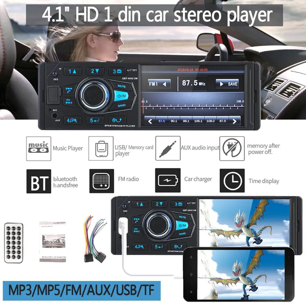 

DC12V Auto Radio1 din Car Radio 4.1" Inch Car Stereo Multimedia MP3 MP5 Player bluetooth FM Support Mobile Phone Charge By USB
