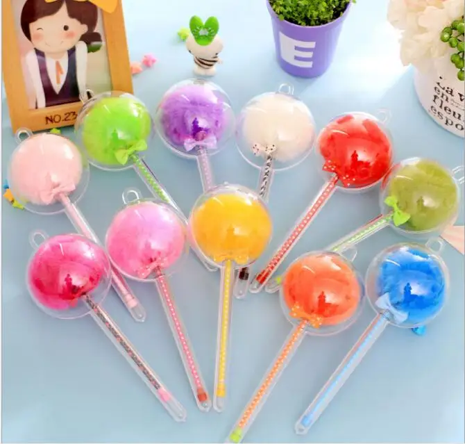 

12pcs/lot 17cm Korea Lollipop Pompom Candy Gel Black Ink Writing Pens Girls Birthday Festival Party Take-home Favor