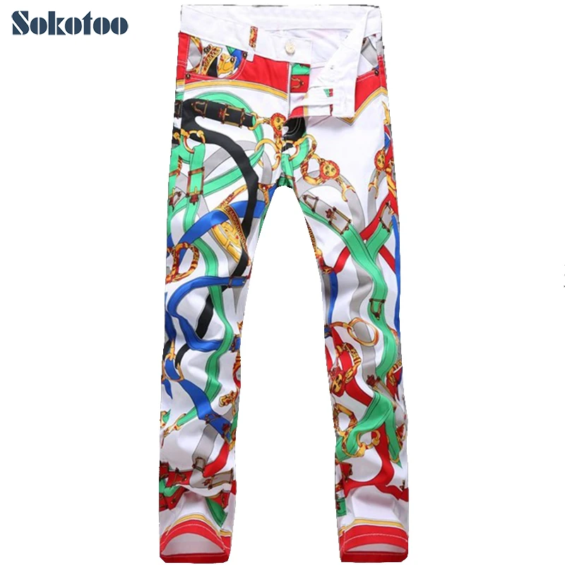 Sokotoo Men's fashion slim colored belt print jeans Casual flower pants Long trousers Sokotoo Men's fashion slim colored belt print jeans Casual flower pants Long trousers