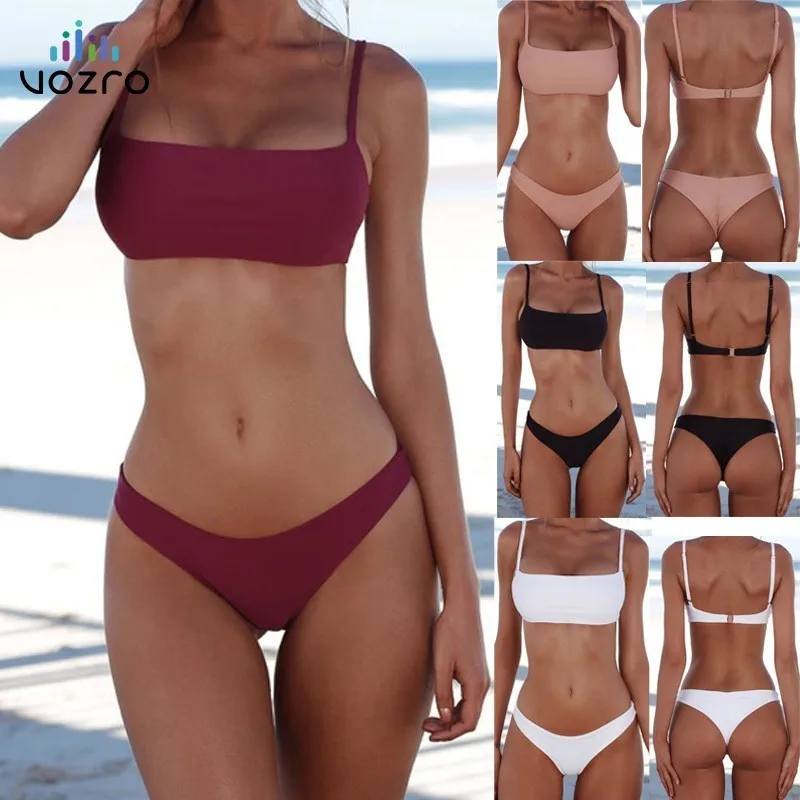 

VOZRO Sexy Solid Brazilian Bikinis Women High Cut Swimwear Low Waist Bathing Suit Tube Top Female Summer Halter Beach Wear