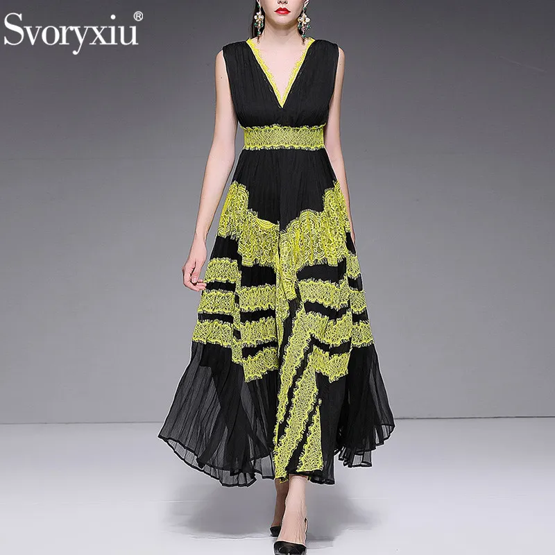 

Svoryxiu Sexy Deep V Neck Party Maxi Dresses Women's Black Silk Patchwork Yellow Lace Runway Summer Sleeveless Long Dress 2019