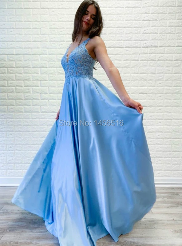 Vestido de festa Longo небесно-синее платье для выпускного вечера Длинные 2019 атласные аппликации Формальные Вечерние платья Robe De Soiree