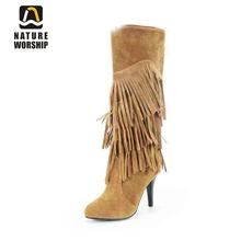 Новое поступление, женская обувь модная обувь с бахромой Обувь на высоком каблуке до колена, высокие сапоги, одноцветные, из флока из натуральной кожи без застежек на большие расстояния весенне-Осенняя обувь