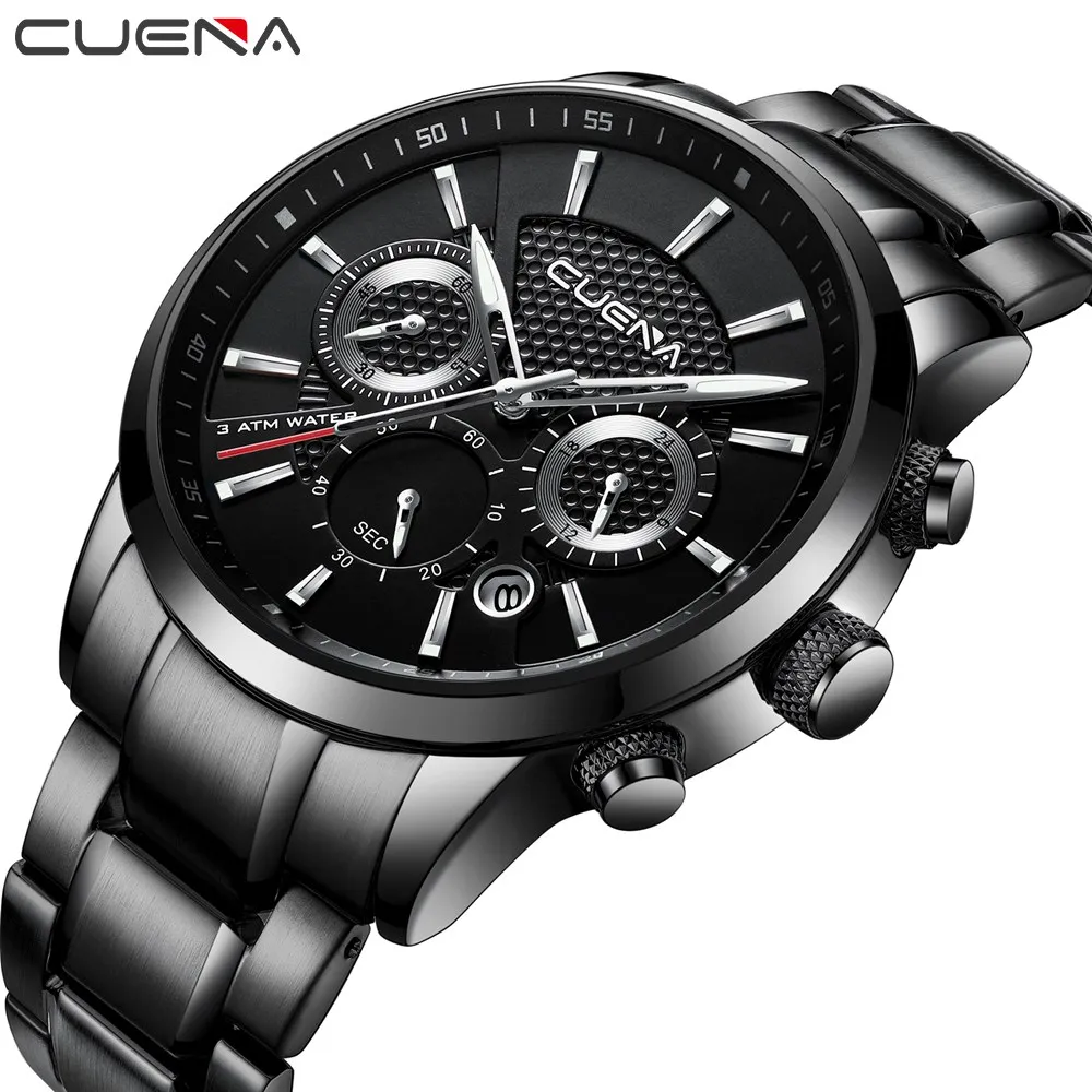 

CUENA 2018 Fashion Dress Men's Quartz Watch Stainless Steel Strap 3 Sub-dials 6 Hands Date Chronograph Wrist Watches Waterproof