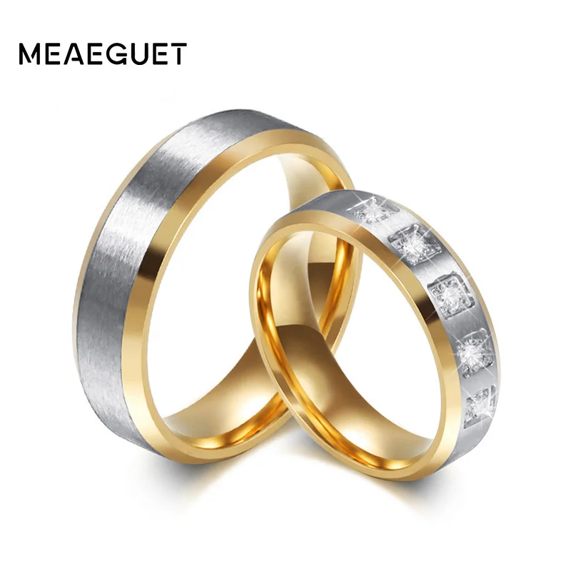 Meaeguet 1 Pair Stainless Steel Couple Ring Set For Women Men Gold-color Wedding Engagement Jewelry