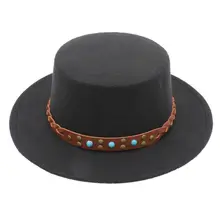 Mistdawn Для женщин Для мужчин полушерстяные шляпа канотье широкими полями Caps Боулер Шапки Бирюзовый коричневый кожаный ремень Группа Размеры 56-58 см