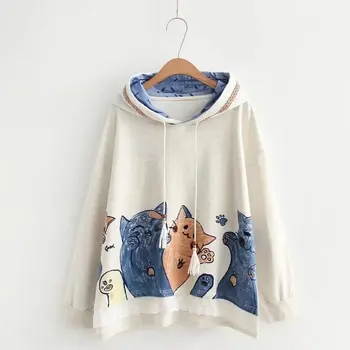 

Japanese Style Cartoon Print Hooded Sweatshirt Women Autumn Harajuku Kawaii Pullovers Cashmere Drawstring Lace Pacthwork Hoodies